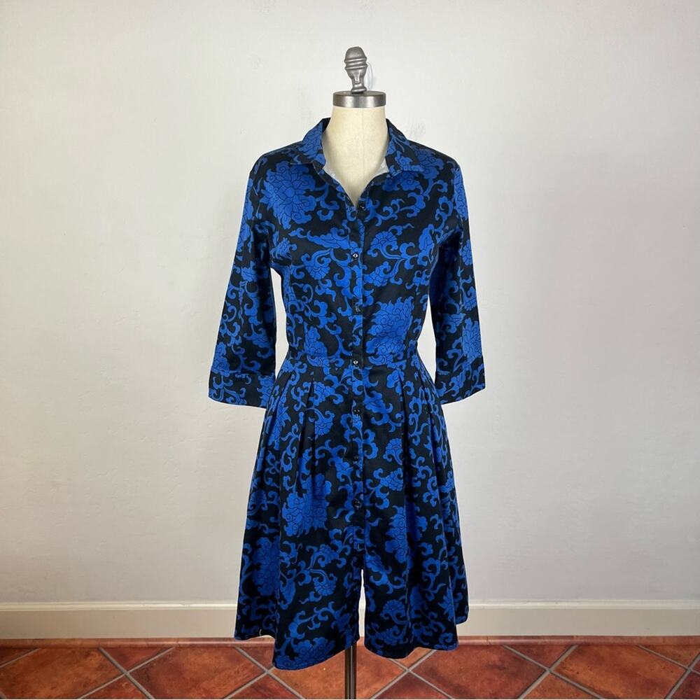 Jigsaw Blue Filagree Button Down Flare Dress Size 6